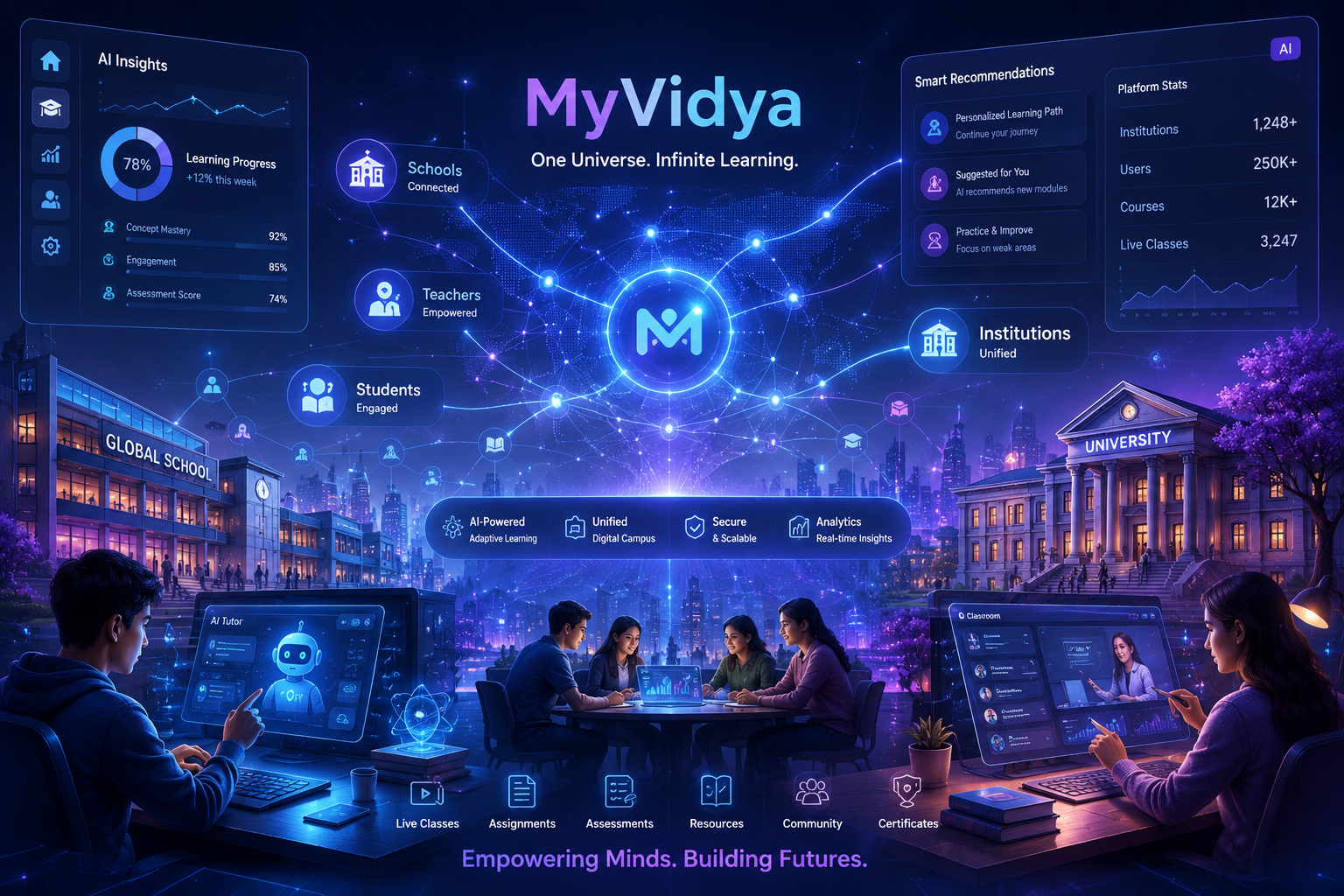 A futuristic visualization of an institutional learning ecosystem with glowing nodes and data flows representing educational intelligence.